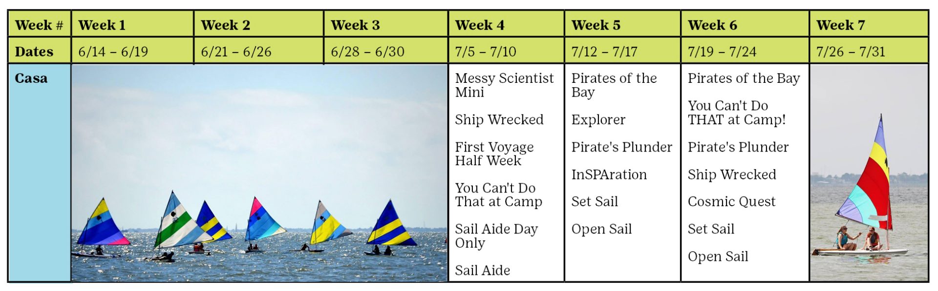 Grid with Casa Mare camp schedule.