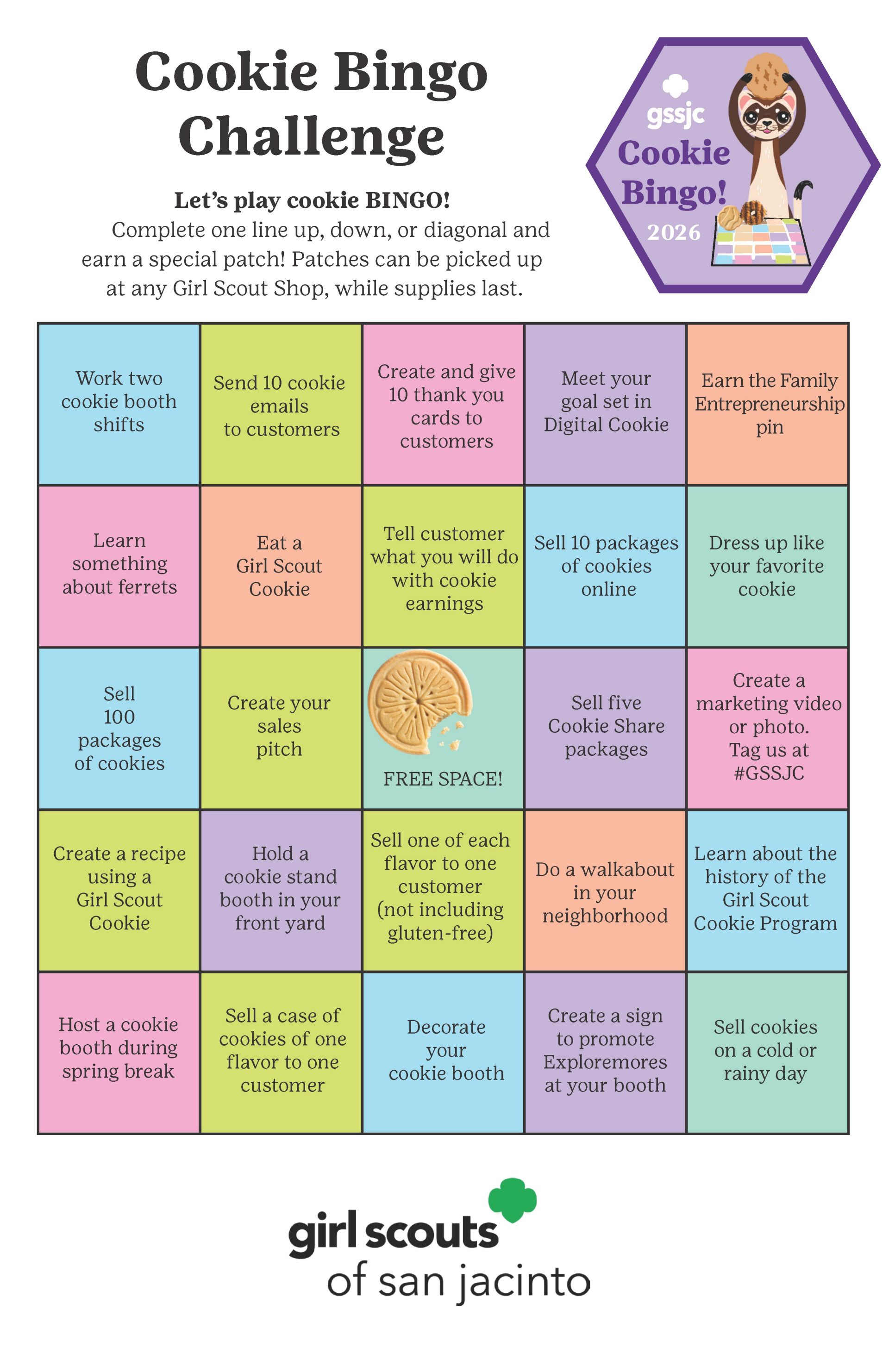 Cookie Bingo Card with cookie sale challeges