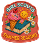Patch that says Girl Scouts Summer Reading with graphic of book and ice cream cone.