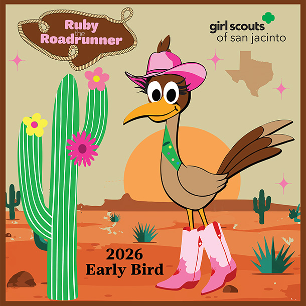 A roadrunner wearing a green Girl Scout sash, pink cowboy boots, and pink cowboy hat.